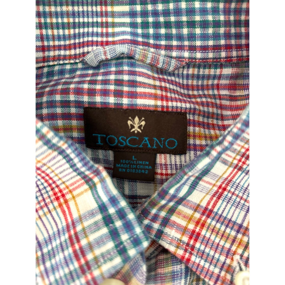 Toscano Mens Large 100% Linen Plaid Long Sleeve Button Down Shirt Multi-Color - Picture 3 of 5